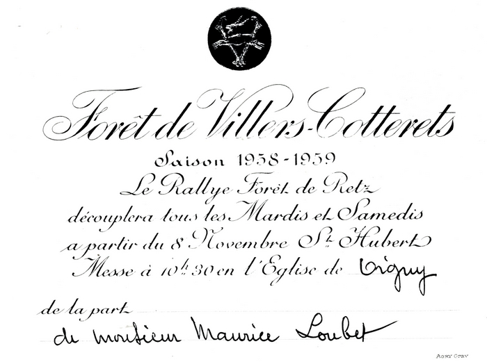 9 - Carton d'invitation - Tiré de l'ouvrage Deux Siècles de Vènerie à travers la France - H. Tremblot de la Croix et B. Tollu (1988)
